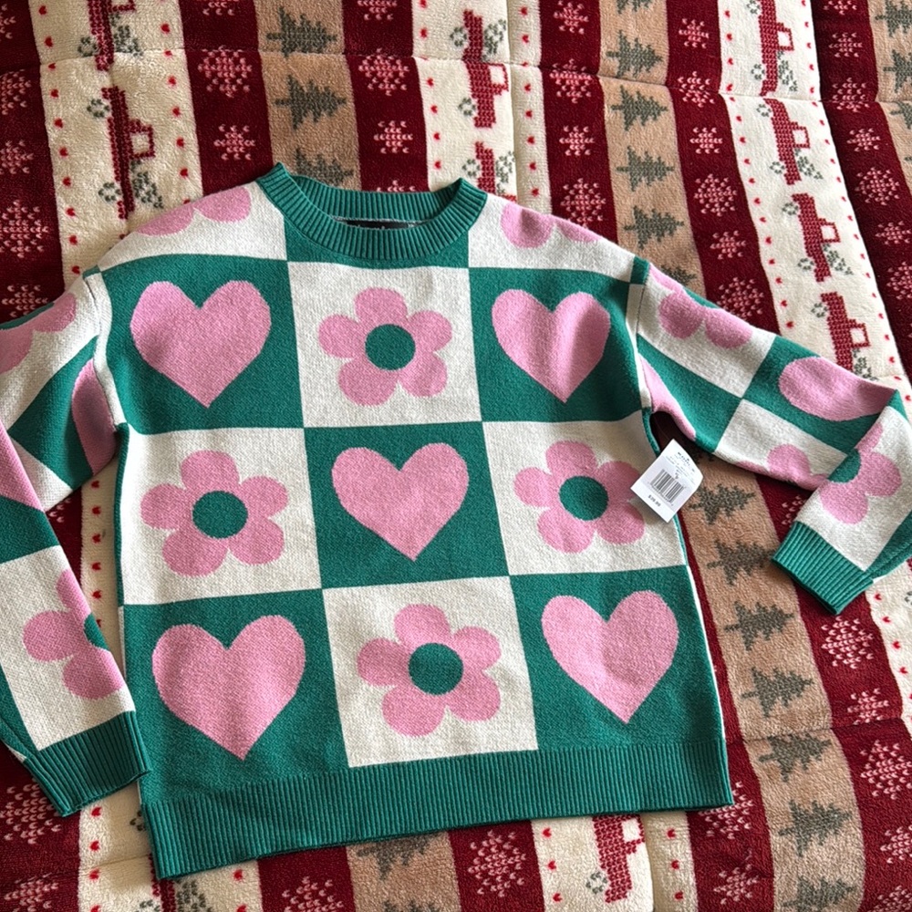 Pink and Green Heart Sweater